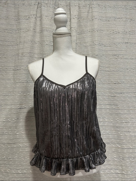 Anthropologie Tops - Anthropologie Silver Sequin Ruffle-Hem Camisole